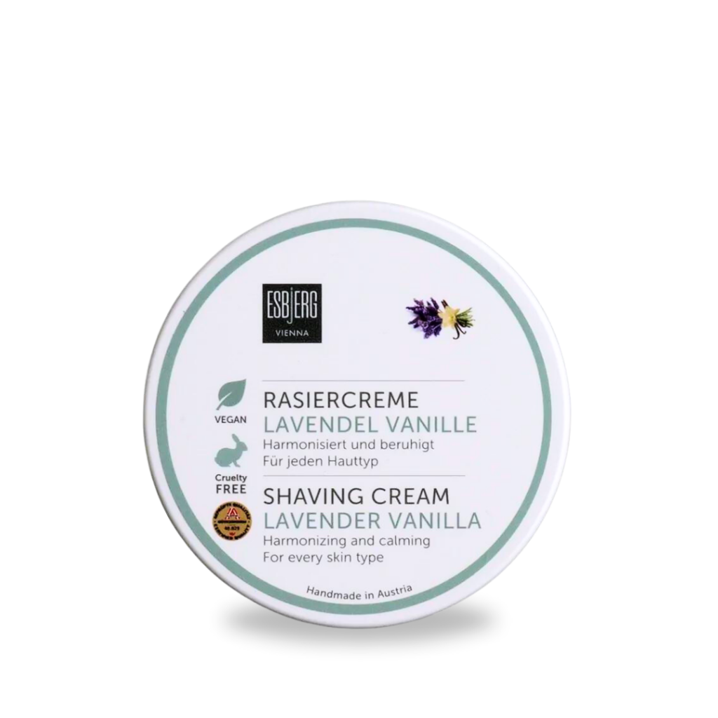 ESBjERG Shaving Cream Lavender Vanilla. Harmonizing and calming natural cosmetic handmade in Austria for every skin type